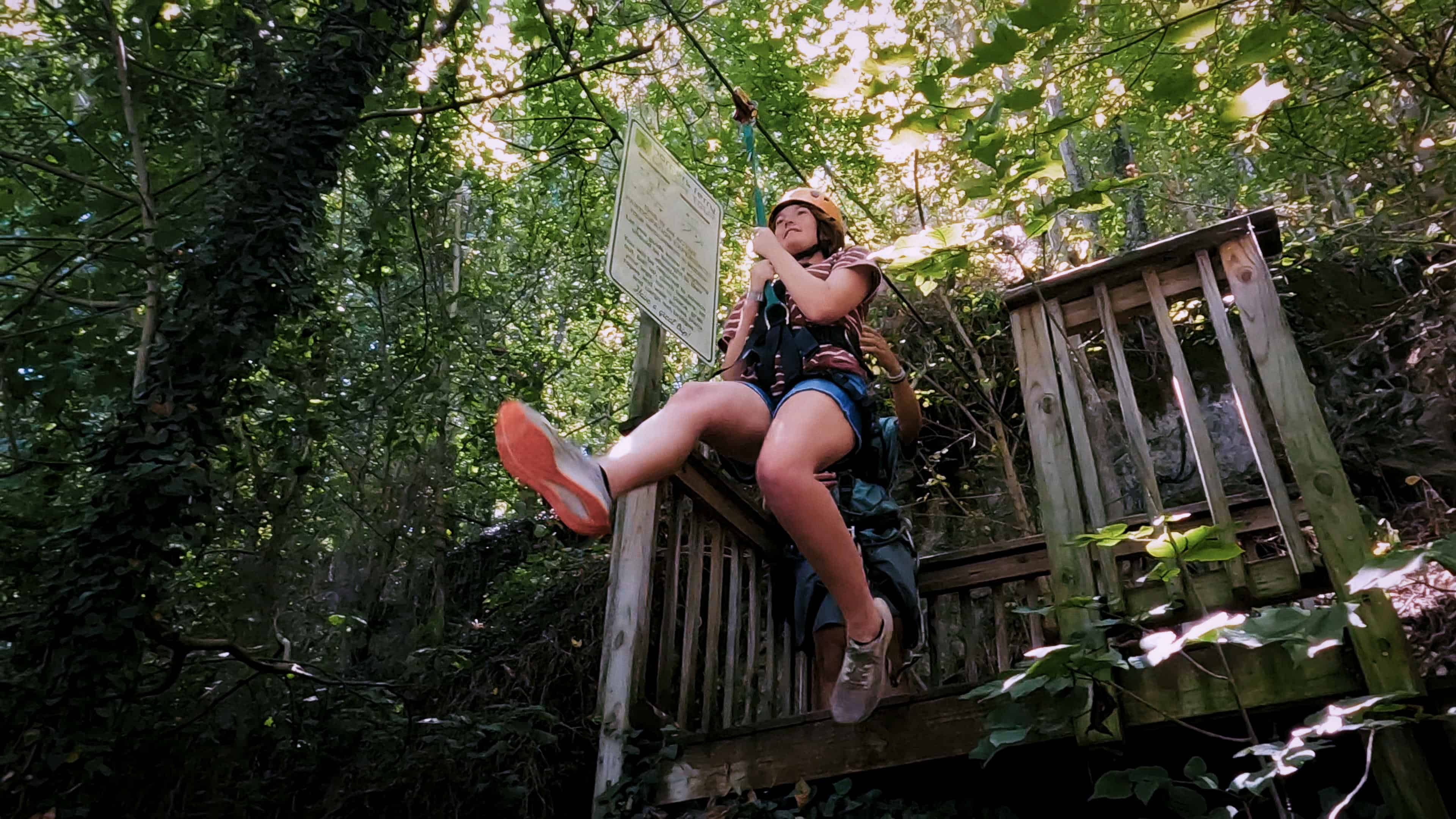 Launching on the zip line at River Riders